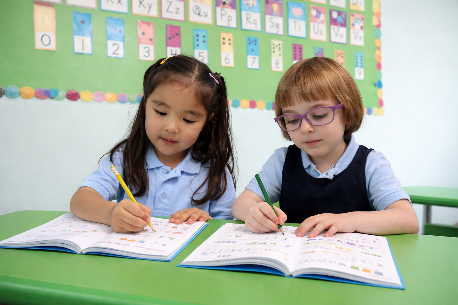 A teacher guiding young students through a classroom activity