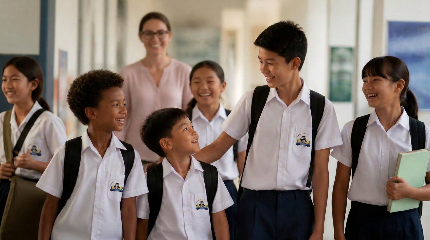 Wise Owl students walking and laughing together with a teacher in the school hallway