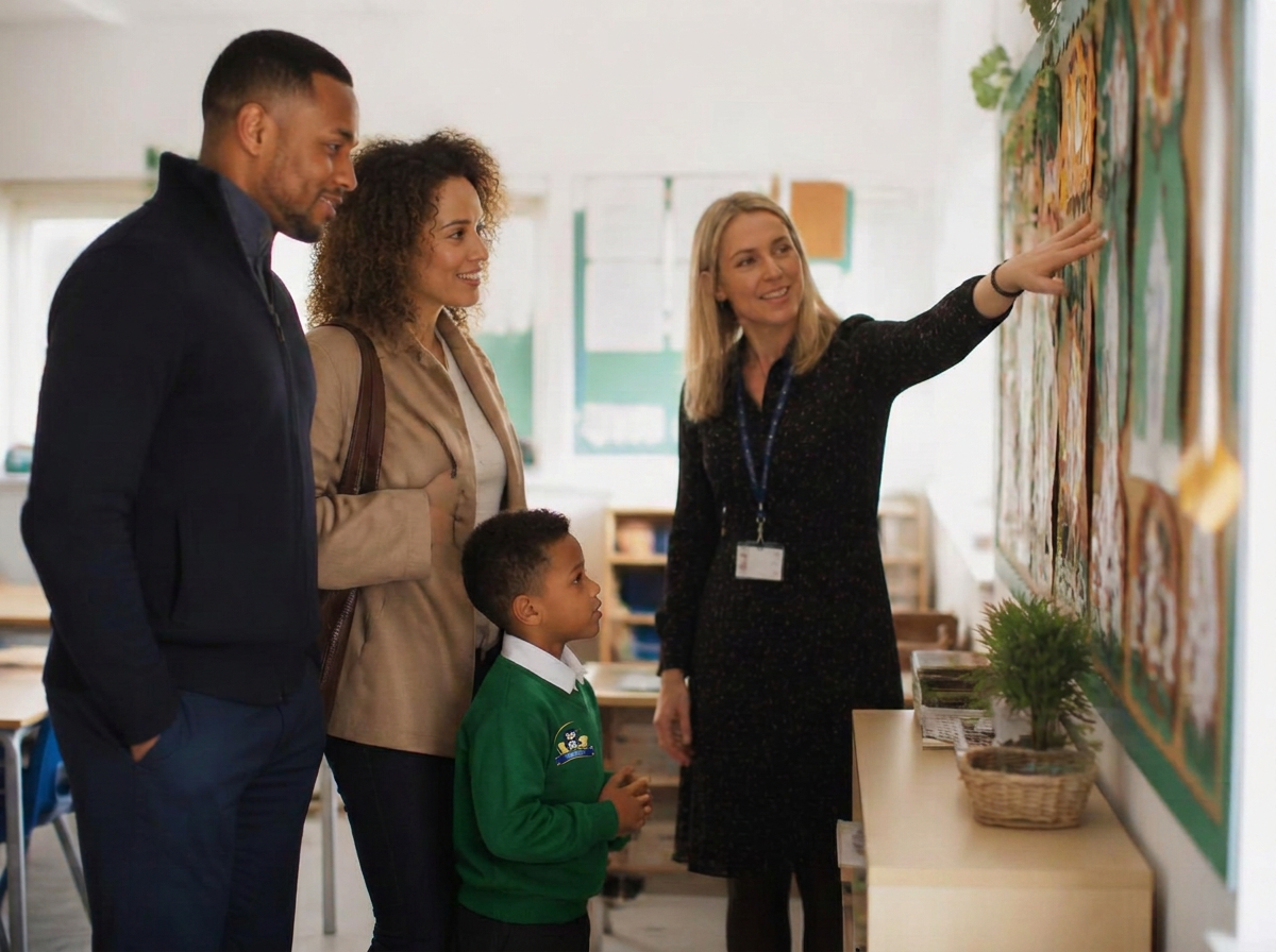 A family touring a Wise Owl classroom with a member of the school team