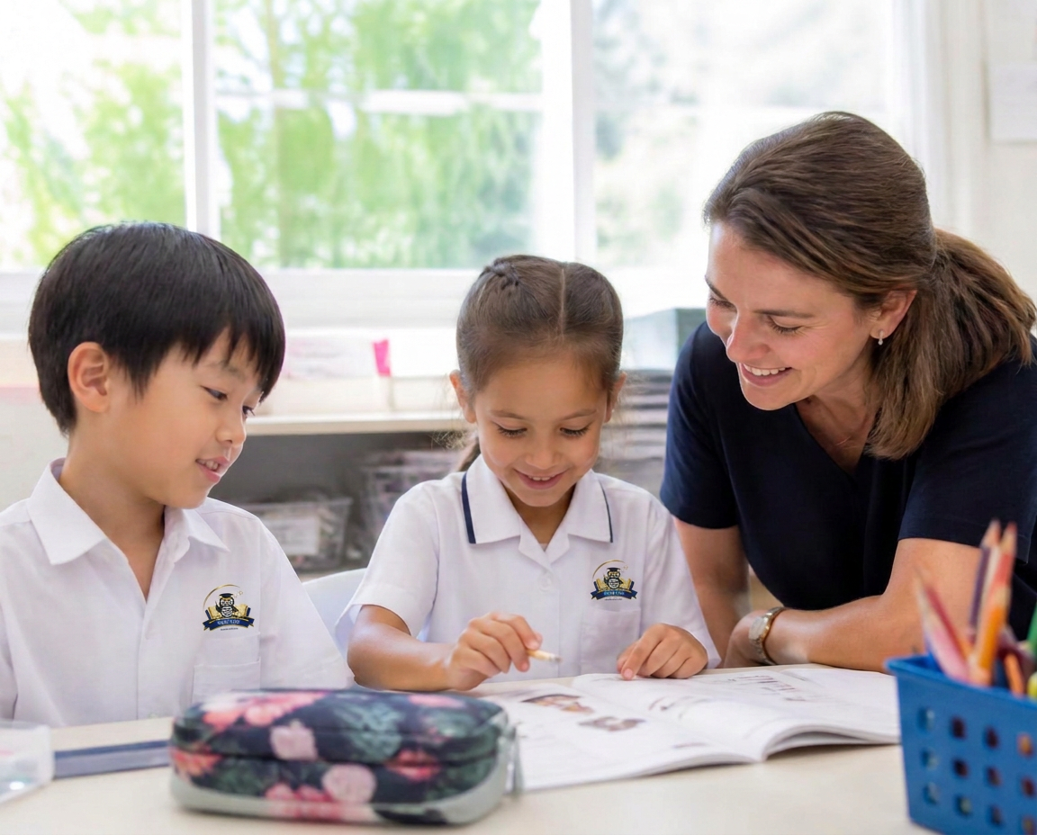 A Wise Owl teacher helping two young students with their work in a sunlit classroom