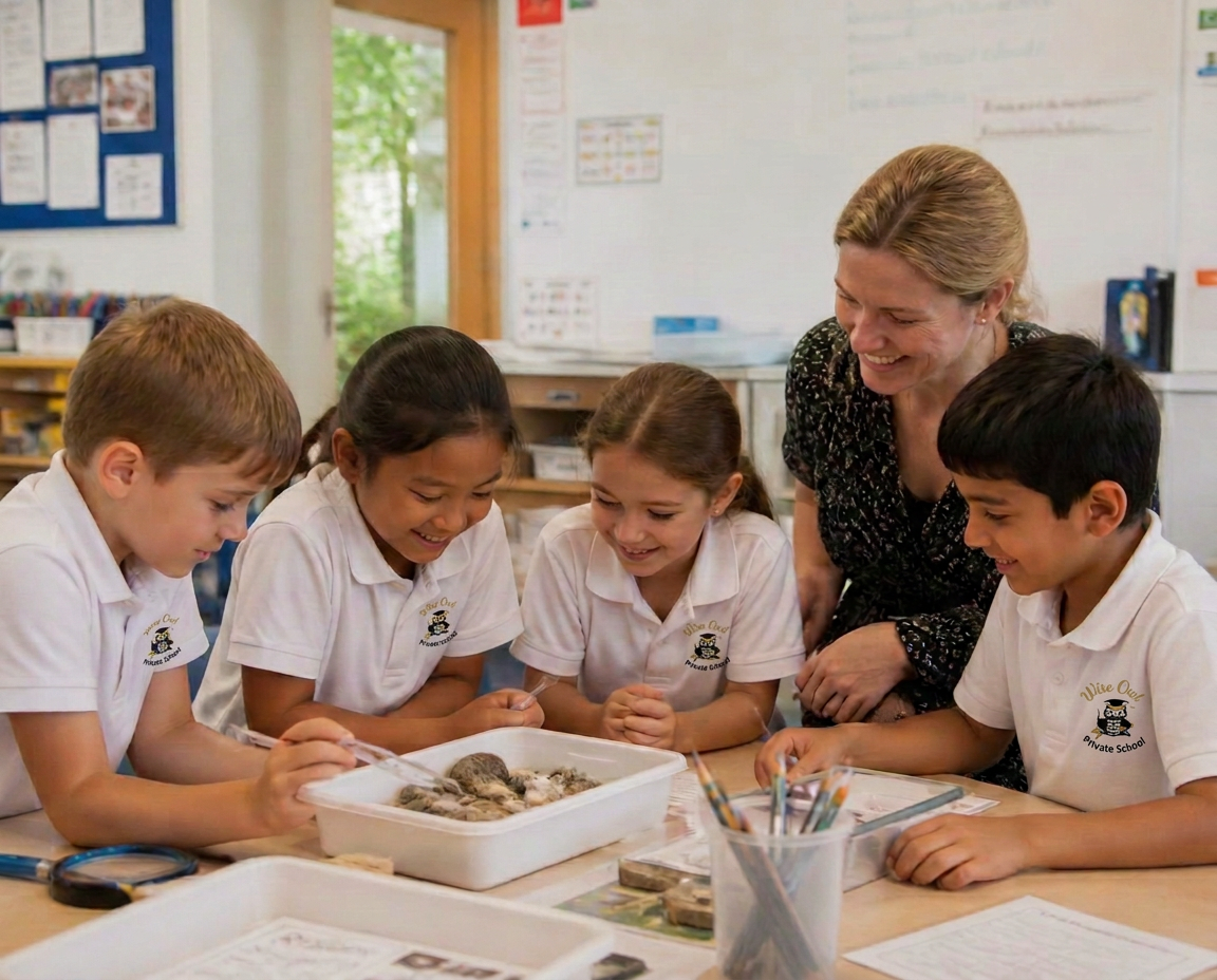 A small group of students doing a hands-on activity with their teacher