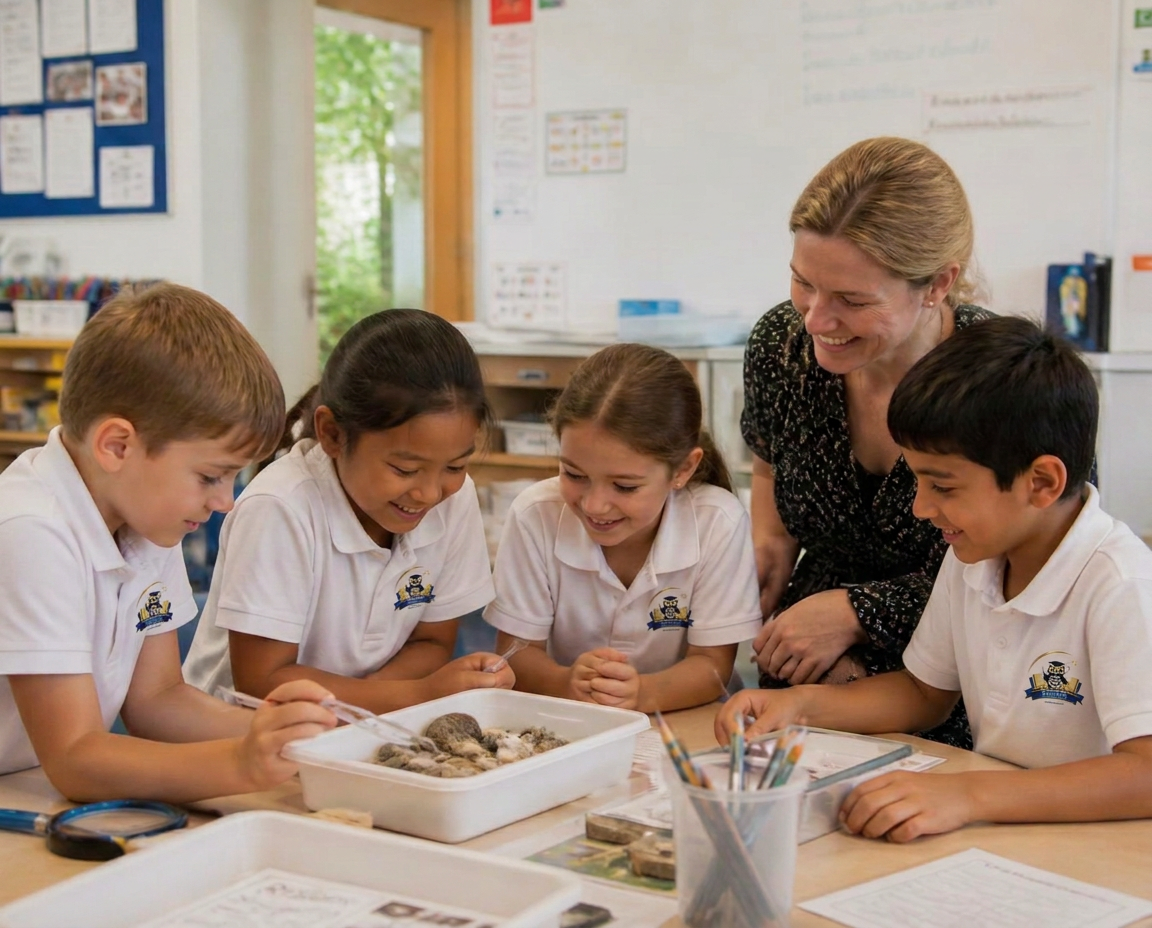 A small group of Wise Owl students exploring a hands-on science activity with their teacher
